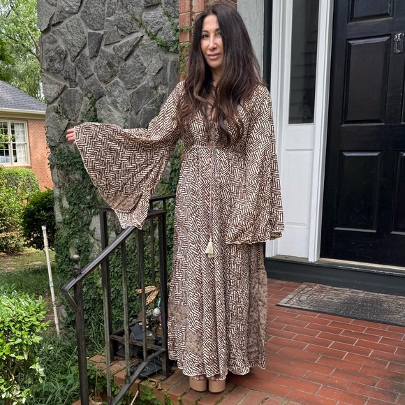 SILK BLEND BOHO Geometric Patterned Brown Maxi Dress - Picture 6 of 8